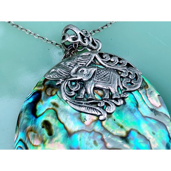 Vintage Abalone Shell Pendant 925 Silver With Elephant BOHO - Picture 3 of 9